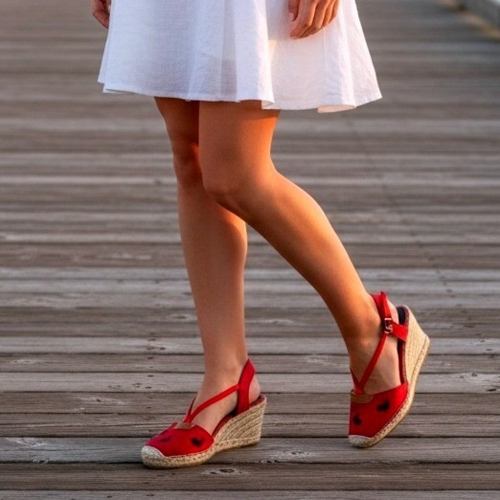 Lauren Ralph Lauren Vtge Espadrille Wedges SZ9 Red Whale Embroidery Slingback
